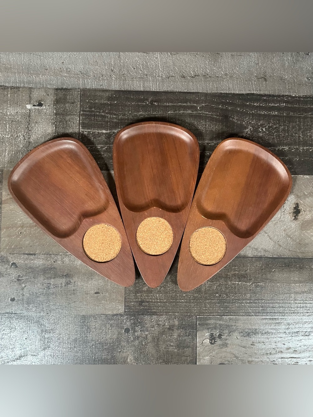 Set Of 3 Vintage Serv Wood Mid-Century Modern Snack Trays Cork Coaster